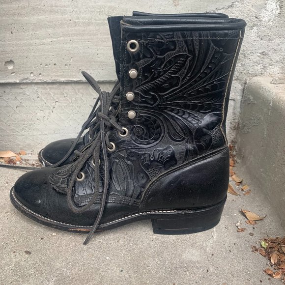 Larry Mahan lace-up tooled leather boots 6M black - Picture 1 of 9